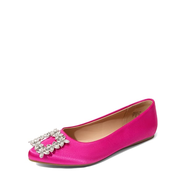 Rhinestone Square Buckle Flats - HOT PINK-SATIN -  0
